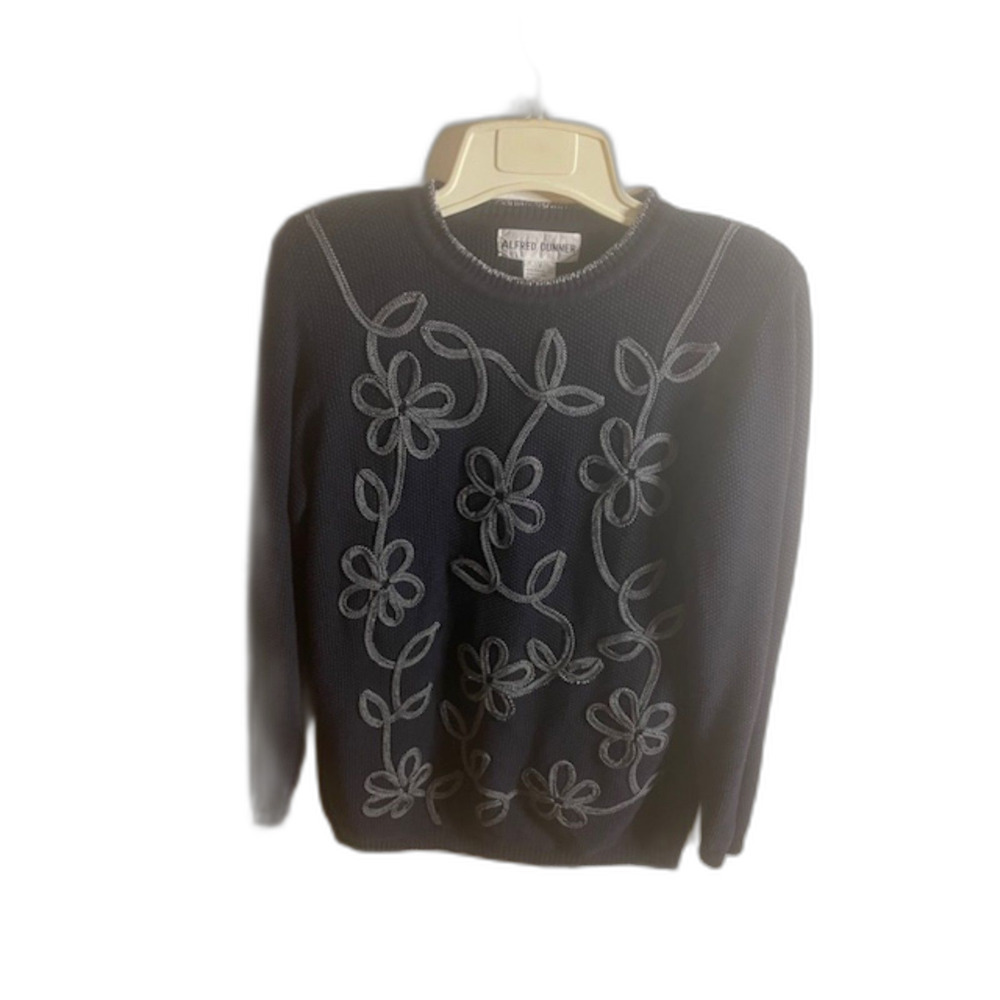 Vintage Alfred Dunner Navy Blue Knit Sweater With Floral Vine Design Small